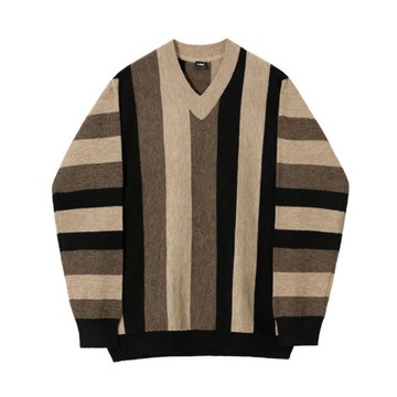 【巴黎精品】現貨+預購 針織衫長袖T恤-加厚條紋撞色V領男上衣咖啡色a1io58