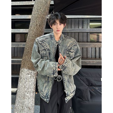 重磅解構拼接設計肩墊牛仔長袖夾克男美式廓形拉鍊立領夾克男潮