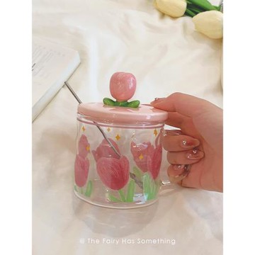 ins風郁金香玻璃杯水杯女生帶蓋帶勺子早餐杯子家用高顏值馬克杯