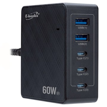 E-books B76 60W長線型五孔快速充電器 + 100W鋁合金C to C快充傳輸線組 台灣安規認證 PD+QC3.0雙輸出 智慧插槽  1組