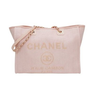 二手品 Chanel 香奈兒 Deauville 斜紋帆布肩背購物包(A67001-淡粉)