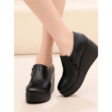 真皮深口單鞋女春秋季坡跟側拉鏈防水臺軟底松糕厚底中跟舒適女鞋
