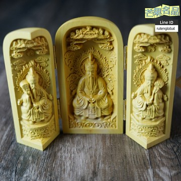 【鎮宅招財】三清屏風擺件 雷擊木工藝品 道教法器 天尊神像 摺疊屏風 精雕黃楊木 太上老君 靈寶天尊 元始天尊 家用供奉 道觀法事