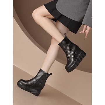 鏤空馬丁短靴女夏2025新款真皮內增高網靴小個子10cm高跟涼靴厚底