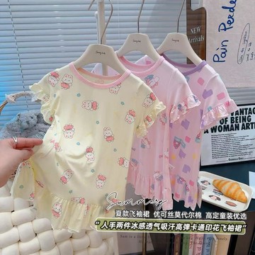 ✨臺灣出貨✨女童睡裙天絲莫代爾兒童睡衣夏季公主風寶寶家居服家居裙薄款短袖