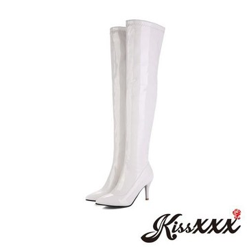 【Kissxxx】漆皮貼腿尖頭高跟過膝長靴/歐美經典美腿效果性感漆皮貼腿尖頭高跟過膝長靴 女鞋 白