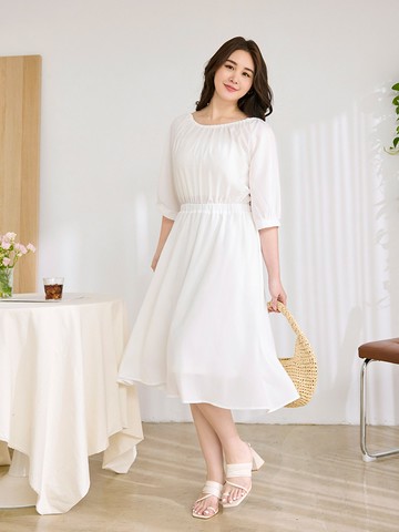 抽繩領挖背美型五分袖洋裝