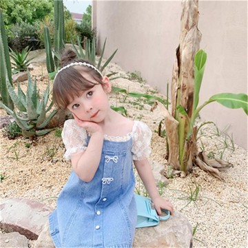 夏季新款時尚拼接蕾絲泡泡袖連身裙 韓版女童甜美小清新可愛洋裝 女童短袖洋裝 女童牛仔洋裝 女童洋裝 女H１