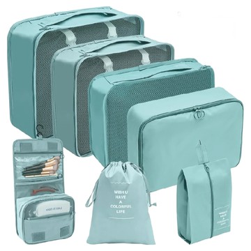 旅行收納袋 8件組 477g  大號網沙包(40 x 32 x 12cm) + 中號網沙包(33 x 28 x 11.5cm) + 小號網沙包(31 x 23 x 12cm) + 束口袋(35 x 27cm) + 內衣包(29 x 20 x 11cm) + 平口袋(26 x 15