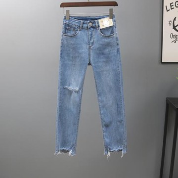 破洞直筒牛仔褲子女2025年春夏新款淺藍色修身顯瘦彈力九分煙管褲