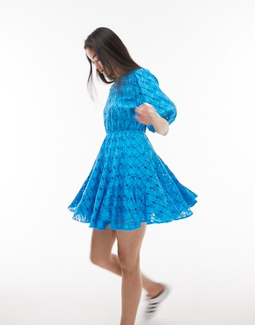 Topshop broderie godet mini chuck on dress in blue