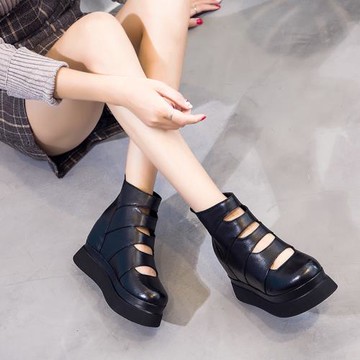2024春女高跟魚嘴坡跟女涼鞋真皮防水臺厚底馬丁靴鏤空包頭松糕鞋
