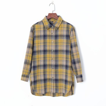 夏季女裝法式復古拼色格紋優雅翻領單排扣寬松長袖不規則襯衫