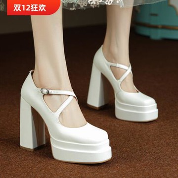 復古超高跟淺口單鞋女2025春秋真皮厚底交叉帶圓頭粗跟氣質高跟鞋