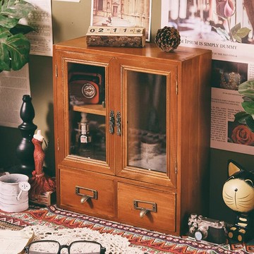 【含稅/免運】 復古桌面收納盒實木香水杯子收納柜化妝品辦公室木質書桌置物架