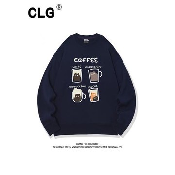 香港潮牌圓領衛衣男加絨加厚咖啡印花小眾美式純棉寬松情侶打底衫