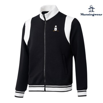 【Munsingwear 企鵝】男女款黑色拼色棉感百搭立領外套 MGSL6611