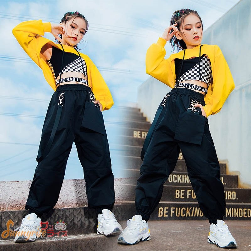 キッズダンス衣装 セットアップ 黒白タンクトップ イエロートップス黒パンツ 女の子 HIPHOP ヒップホップ 舞台服 ステージ衣装 練習着 演出服  応援団 通販 LINEポイント最大0.5%GET | LINEショッピング