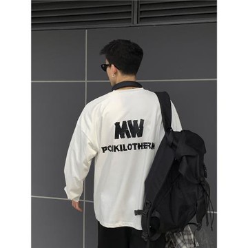 PLTH*美式復古膠帶印花原創logo寬松小領口純棉打底長袖上衣T恤男