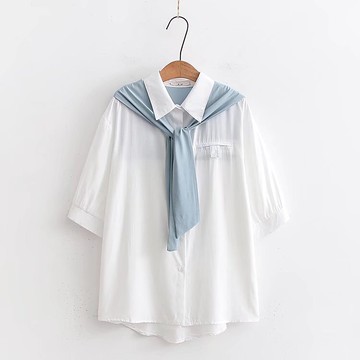 女士時尚拼色披肩襯衫設計感小眾百搭休閑短袖白襯衣夏裝寬松上衣