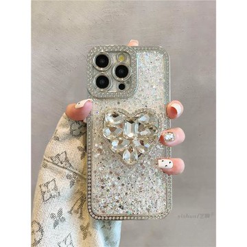 適用蘋果16ProMax手機殼iPhone15高級感ins滿屏閃粉亮片14水鉆愛心支架12氣質女款16pro鑲鉆邊框pm新款保護套