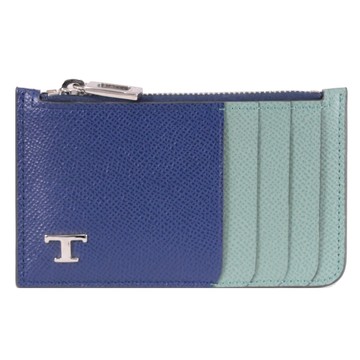 TODS T Timeless 金屬T LOGO撞色拉鍊卡片零錢包.藍綠