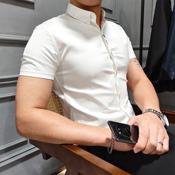 夏季新款男士襯衫免燙防皺商務休閑修身時尚潮流刺繡短袖襯衣寸衫