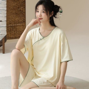 【臺灣出貨】2-300斤大碼新中式高級感睡衣女夏款短袖短褲國風套裝家居服復古