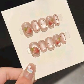 💖台灣出貨💖半手工美甲穿戴玻璃珠草莓波點可愛顯白貓眼高級溫柔可拆指甲新款