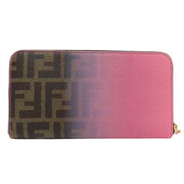 【二手名牌BRAND OFF】FENDI 芬迪【激安價】棕色 粉色 漸層 PVC塗層帆布 ㄇ字型 Ombre Zucca 拉鍊長夾