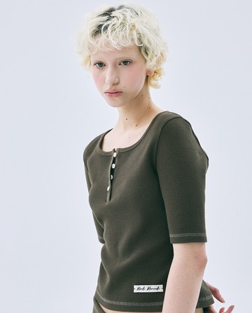 MARDI MERCREDI 華夫格 棕色 半袖 短TEE 修身 WAFFLE SLIM TOP HENLEY NECK HALF
