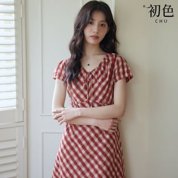 初色 甜美風修身撞色格紋V領短袖收腰蝴蝶結中長連衣裙連身洋裝-紅色-13344(M-2XL可選)