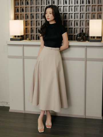 Silhouette Belt Full Skirt [Beige]