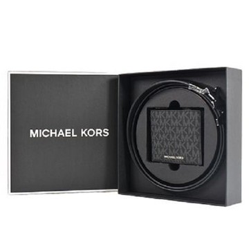 MICHAEL KORS 男款 灰字MK緹花LOGO防刮雙面用皮帶/八卡短夾禮盒-黑色