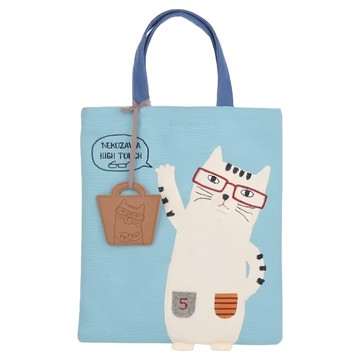 kUSUgURU JAPAN 日本眼鏡貓 NEKOZAWA貓澤系列 立體貓腿造型萬用收納雜誌包 附皮質造型掛飾  淺藍  尺寸約直29cm x 寬25cm