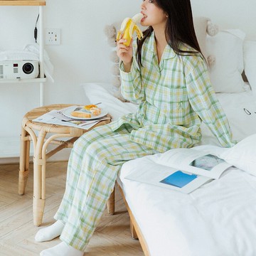 日式小清新格子女士休閑家居服 純棉雙層紗布襯衫兩件式春夏睡衣