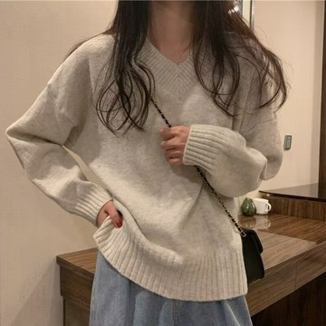 S-5XL 大尺碼胖妹妹顯瘦毛衣女秋冬新款溫柔風長袖上衣v領套頭內搭針織衫