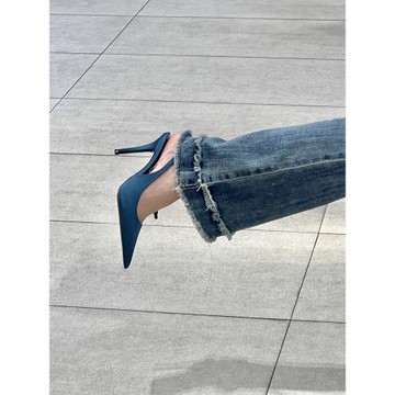 2025年夏季新款氣質藍色法式高跟鞋女細跟尖頭穆勒鞋絕美包頭涼鞋