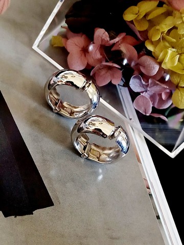 vintage jewelry  亮銀半環圈彈性夾 夾式耳環