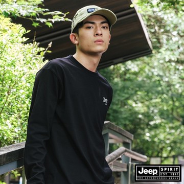 JEEP 男裝 品牌文字印花純棉長袖T恤-黑色