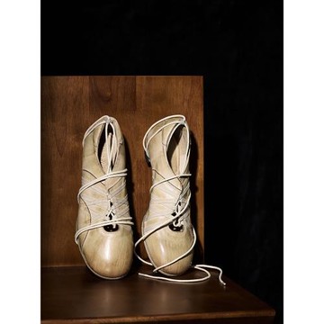 LOU SHOYER單鞋女小眾設計水洗馬皮復古做舊交叉綁帶小貓跟芭蕾鞋