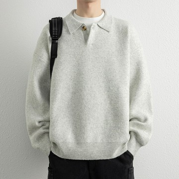 高質量簡約翻領男士針織衫秋季新款復古polo領寬松慵懶風單扣毛衣鑫弘-衣錦男裝