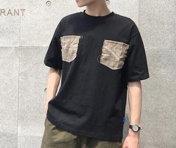 FINDSENSE MD 韓國 時尚潮 男 創意 特色 圓領 素面 格子口袋拼接 寬鬆 短袖T恤 特色短T