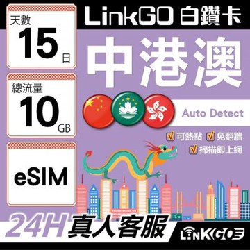 LINKGO白鑽卡 中港澳 eSIM卡 15天上網卡 總流量10GB 高速流量 免翻牆可熱點(中港澳網卡 中國 大陸 香港 澳門 虛擬卡)