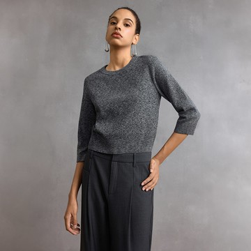 圓領花色紗長袖針織上衣/石灰色 | 5827102195