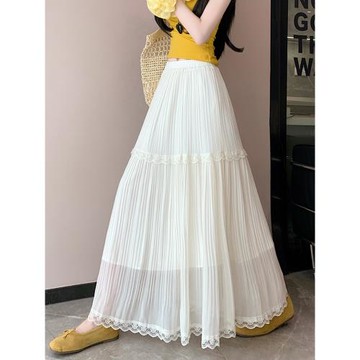 百褶雪紡半身裙女夏季高腰顯瘦休閑松緊垂感a字蕾絲拼接大擺長裙