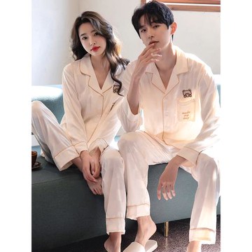 冰絲情侶睡衣男女春秋季長袖高級感可愛棋盤格仿真絲綢套裝家居服