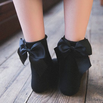 日系 捲邊 純色 後跟大蝴蝶結 棉襪 甜美 公主襪 中筒襪 文藝 學院風