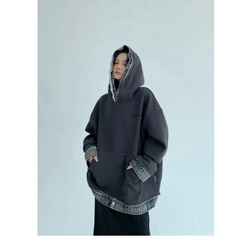 【RICECAKE & OISIS】美式撞色 拼接牛仔 帽t 高級感 百搭 oversize 連帽衛衣 女