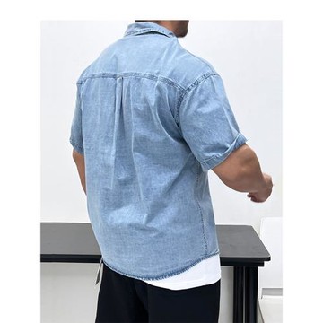 水洗做舊暗扣牛仔襯衫!時髦簡約短袖襯衣修身夏街頭寬松復古ins棉